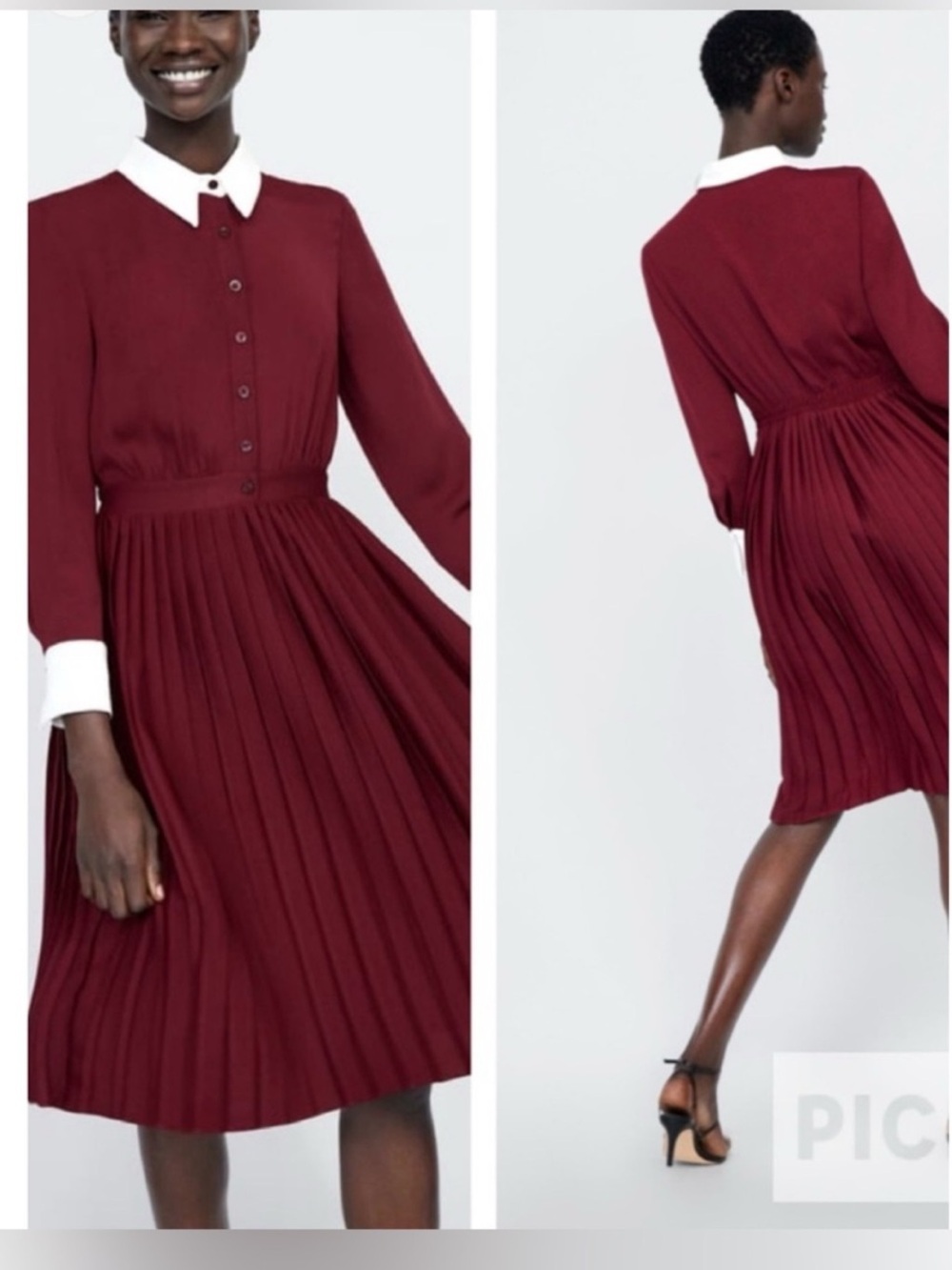 Zara Burgundy Pleated Long-Sleeve Dress with White Collar & Cuffs
